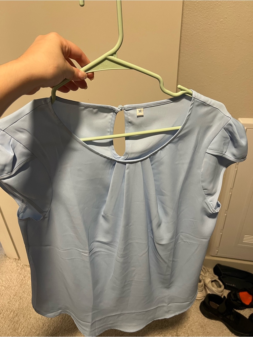 Light Blue Pleated Cap-Sleeve Women's Top